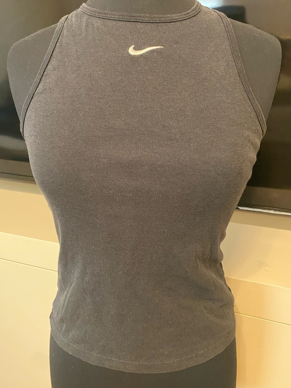 Nike slim fit Black High-Neck Tank top with White Swoosh on Chest Women’s Small